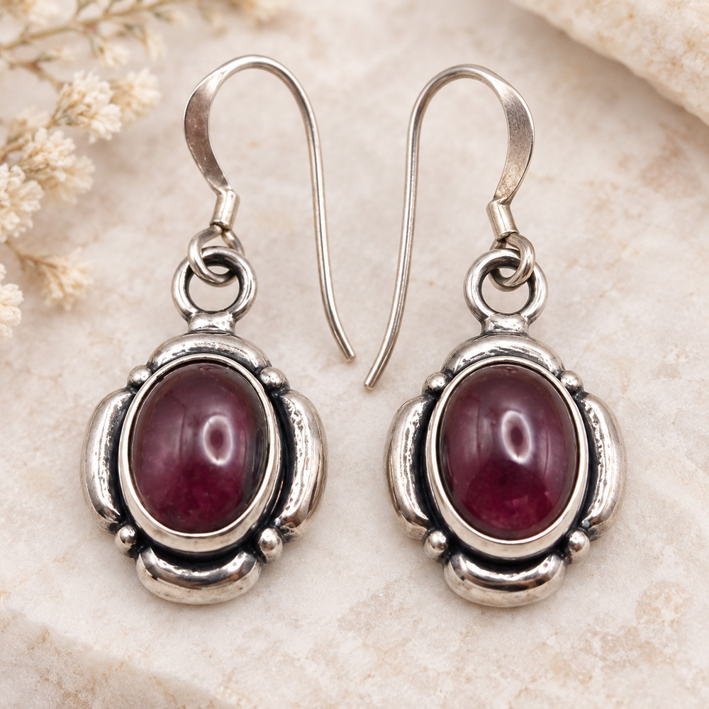 Sterling Silver Garnet Cabochon Dangle Earrings Artisan Scalloped Beaded 925